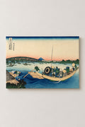 Ryogoku Bridge Sunset Poster 'Sekiyo' – Sunset across Ryogoku Bridge, ferry passengers and Fuji from Hokusai's Thirty-six Views of Mount Fuji, ukiyo-e canvas print on wooden frame, Japanese wall art, studio view