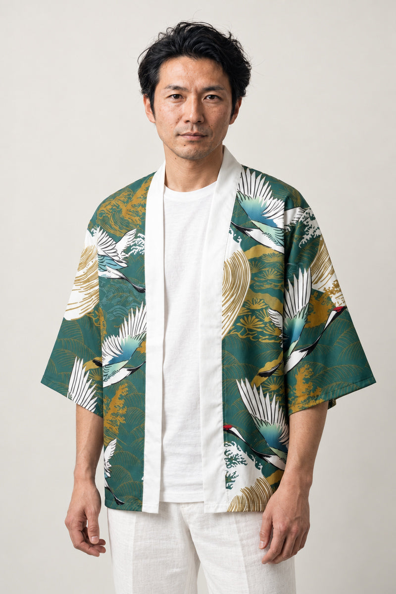 Sage Green Haori Clothing 'Wakatake' – sage green haori jacket with white crane and bamboo print, unisex Japanese kimono style cardigan, front view on model