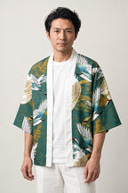 Sage Green Haori Clothing 'Wakatake' – sage green haori jacket with white crane and bamboo print, unisex Japanese kimono style cardigan, front view on model