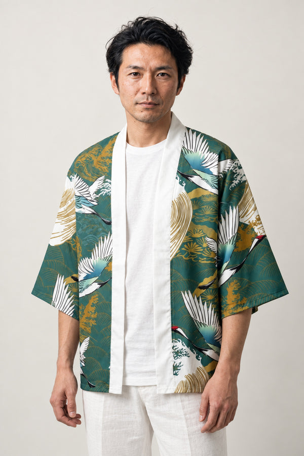 Sage Green Haori Clothing 'Wakatake' – sage green haori jacket with white crane and bamboo print, unisex Japanese kimono style cardigan, front view on model