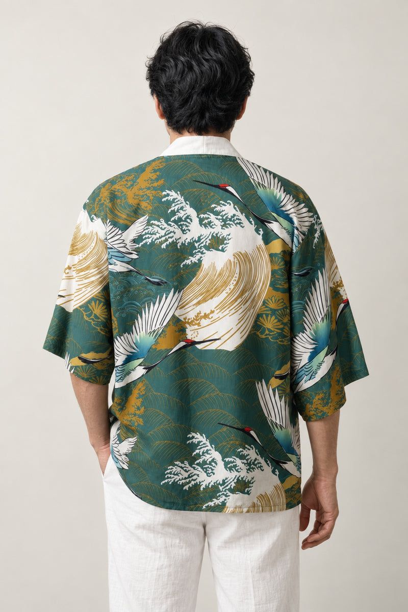 Sage Green Haori Clothing 'Wakatake' – back view of green haori showing cranes and gold bamboo print