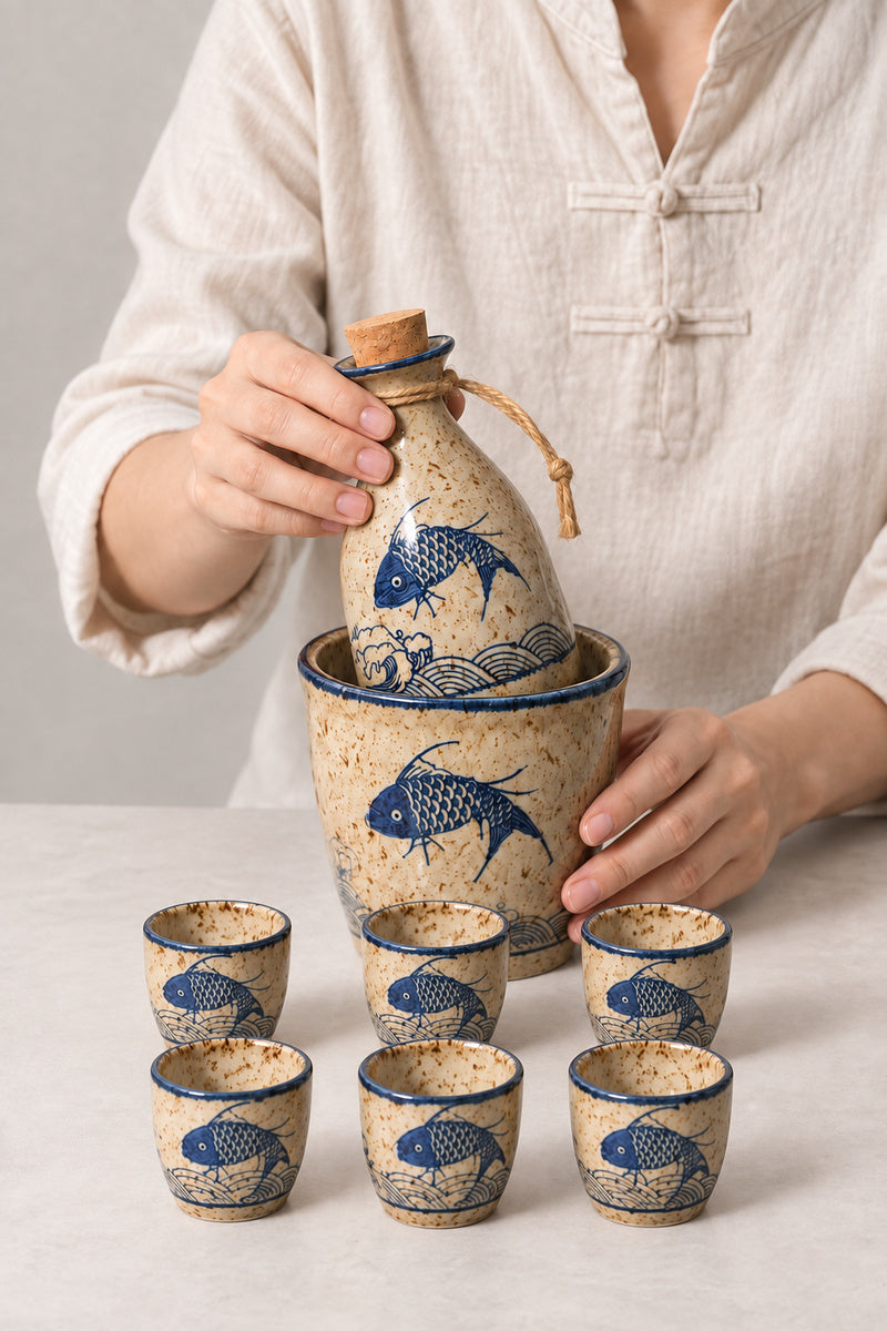 Sake Set 'Tokkuri' – hands pouring from a speckled stoneware sake flask with blue carp beside the warming jar and six cups, Japanese sake set, lifestyle view