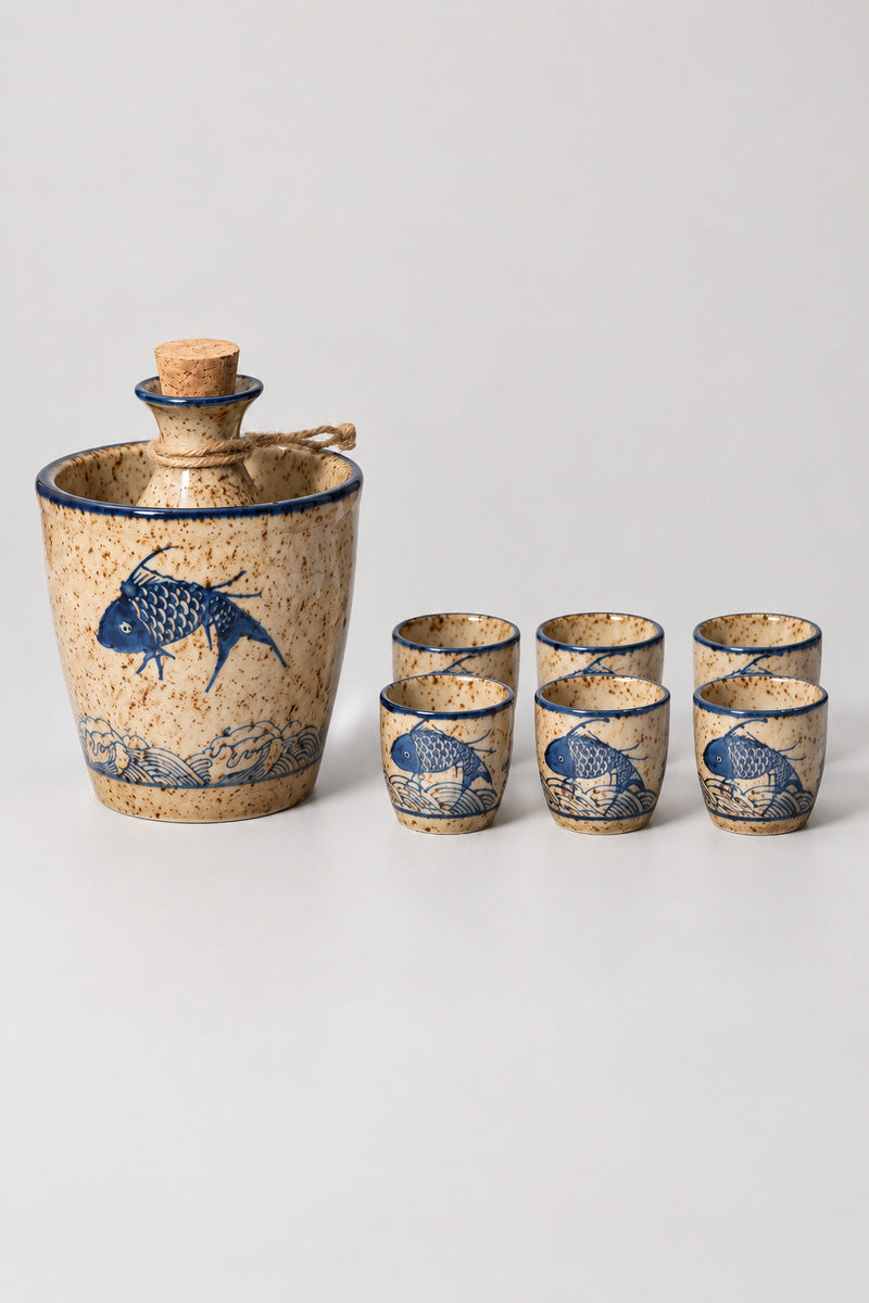 Sake Set 'Tokkuri' – sake flask standing in its warming jar with six matching cups, blue carp stoneware, studio view