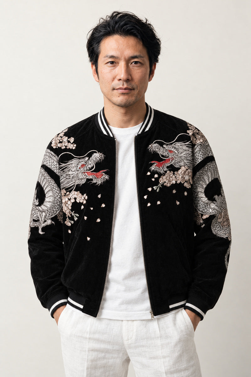 Sakura Dragon Souvenir Jacket 'Harukaze' – black sukajan with embroidered silver dragon and cherry blossom, Japanese sukajan souvenir bomber jacket, front view on model