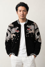 Sakura Dragon Souvenir Jacket 'Harukaze' – black sukajan with embroidered silver dragon and cherry blossom, Japanese sukajan souvenir bomber jacket, front view on model