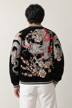 Sakura Dragon Souvenir Jacket 'Harukaze' – back view of the black version, embroidered dragon and sakura on the back