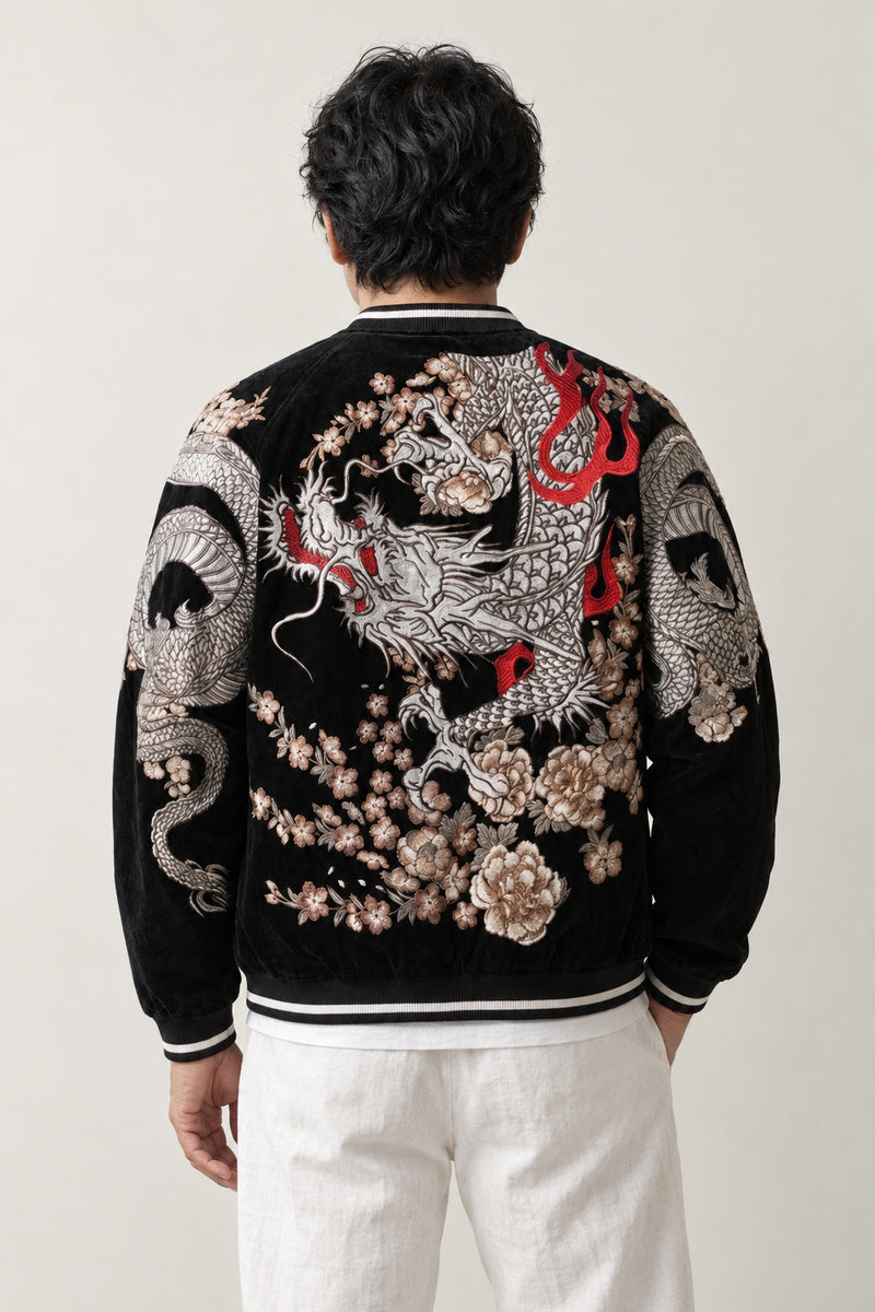 Sakura Dragon Souvenir Jacket 'Harukaze' – back view of the black version, embroidered dragon and sakura on the back