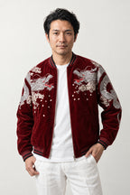 Sakura Dragon Souvenir Jacket 'Harukaze' – burgundy velvet-look version, sukajan with embroidered dragon and blossom, front view on model