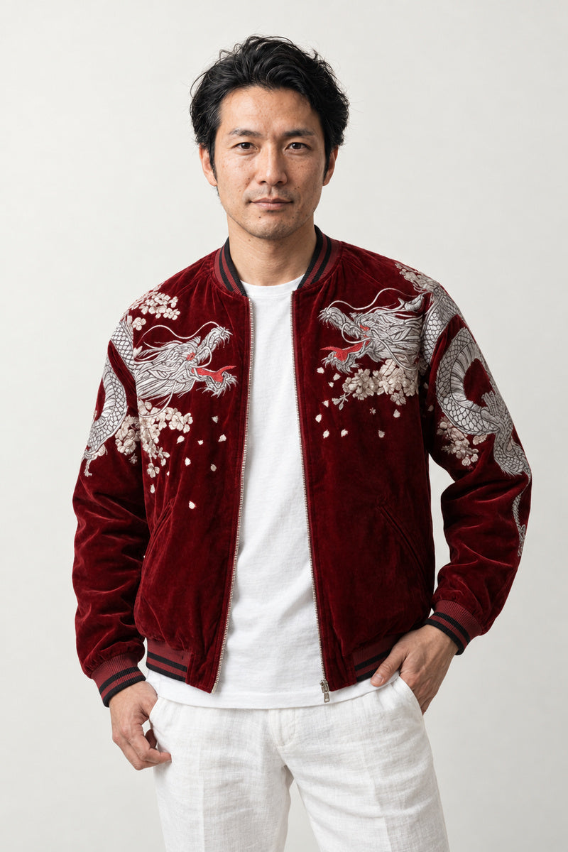 Sakura Dragon Souvenir Jacket 'Harukaze' – burgundy velvet-look version, sukajan with embroidered dragon and blossom, front view on model