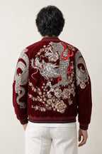 Sakura Dragon Souvenir Jacket 'Harukaze' – back view of the burgundy velvet-look version, embroidered dragon and cherry blossom on the back