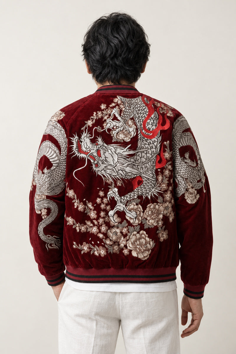 Sakura Dragon Souvenir Jacket 'Harukaze' – back view of the burgundy velvet-look version, embroidered dragon and cherry blossom on the back