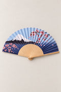 Sakura Mount Fuji Fan 'Aofuji' – folding fan printed with cherry blossom branches over blue Mount Fuji and pale sky, Japanese folding sensu fan with bamboo ribs, open, studio view