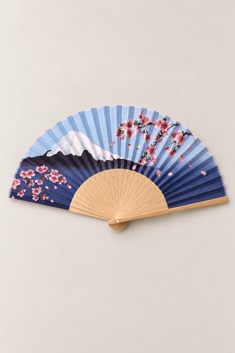 Sakura Mount Fuji Fan 'Aofuji' – folding fan printed with cherry blossom branches over blue Mount Fuji and pale sky, Japanese folding sensu fan with bamboo ribs, open, studio view