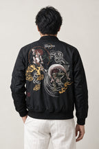 Samurai Streetwear Bomber Jacket 'Kinun' – back view of black bomber jacket showing the embroidered samurai, skull and dragon