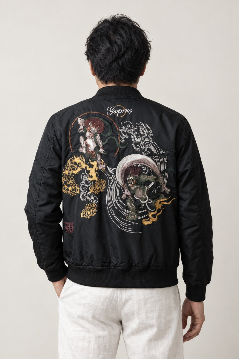 Samurai Streetwear Bomber Jacket 'Kinun' – back view of black bomber jacket showing the embroidered samurai, skull and dragon