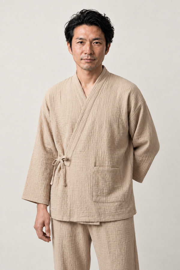 Sand Beige Japanese Pajama Set 'Kinari' – sand beige jinbei pyjama set, unisex two-piece Japanese jinbei set with side-tie top and shorts, front view on model