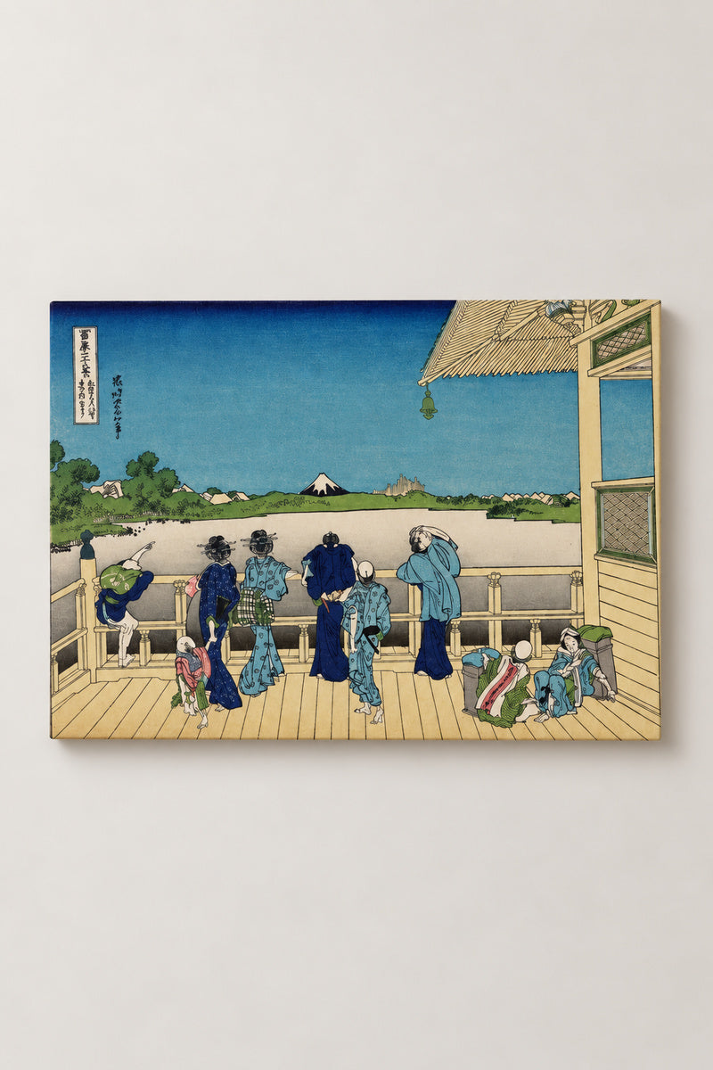 Sazai Hall Temple Japanese Poster 'Rakanji' – Sazai Hall of the Five Hundred Rakan Temple, visitors on a balcony viewing Fuji from Hokusai's Thirty-six Views of Mount Fuji, ukiyo-e canvas print on wooden frame, Japanese wall art, studio view