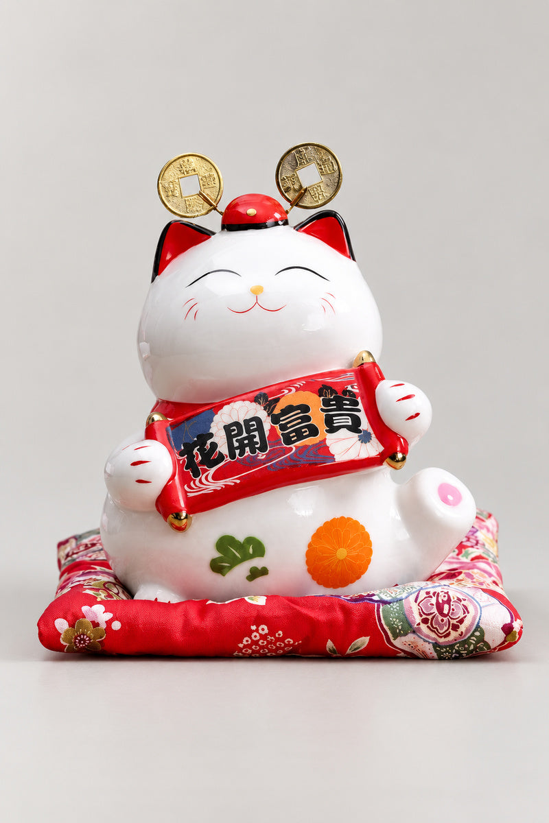Scroll Maneki Neko Coin Bank 'Makimono' – white ceramic lucky cat coin bank holding an open scroll with red characters and nodding gold coins, Japanese maneki neko lucky cat figurine on a red brocade cushion, studio view