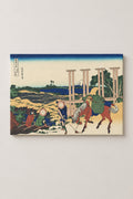 Senju Riverside Japanese Poster 'Bushu' – Senju in Musashi Province, groom leading a horse past a sluice from Hokusai's Thirty-six Views of Mount Fuji, ukiyo-e canvas print on wooden frame, Japanese wall art, studio view