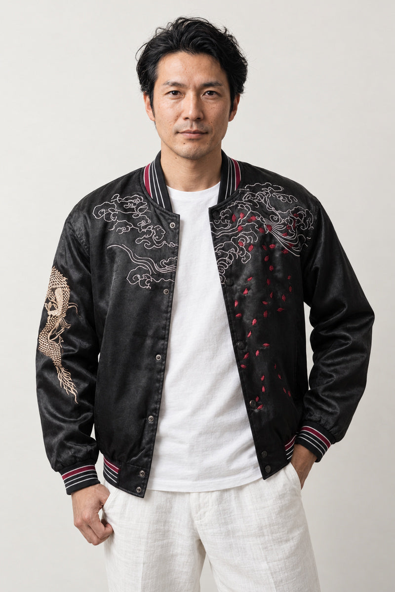 Shadow Dragon Sukajan 'Sumiryu' – black sukajan with tonal embroidered dragon and pink trim, Japanese sukajan souvenir bomber jacket, front view on model