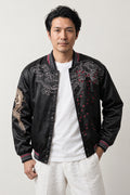 Shadow Dragon Sukajan 'Sumiryu' – black sukajan with tonal embroidered dragon and pink trim, Japanese sukajan souvenir bomber jacket, front view on model