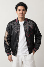 Shadow Dragon Sukajan 'Sumiryu' – black sukajan with tonal embroidered dragon and pink trim, Japanese sukajan souvenir bomber jacket, front view on model