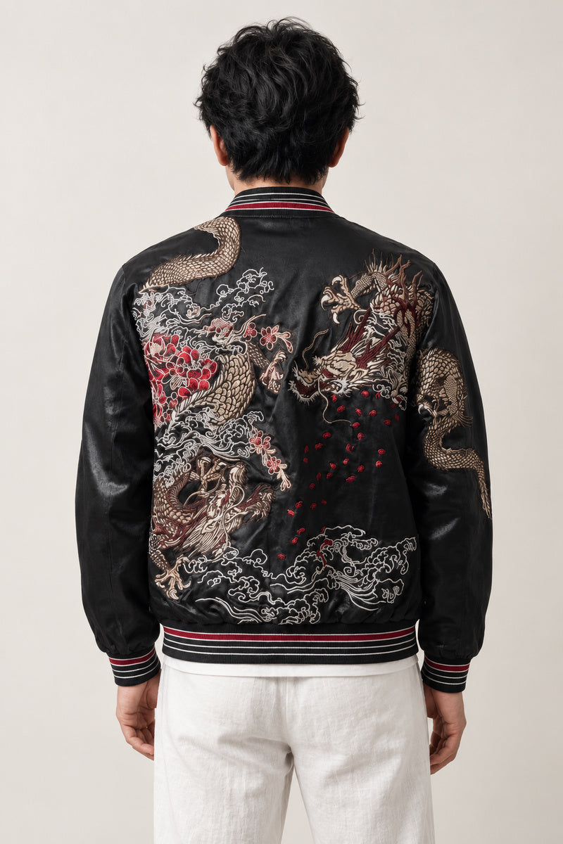 Shadow Dragon Sukajan 'Sumiryu' – back view of black sukajan showing the embroidered dragon over waves