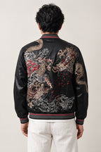 Shadow Dragon Sukajan 'Sumiryu' – back view of black sukajan showing the embroidered dragon over waves