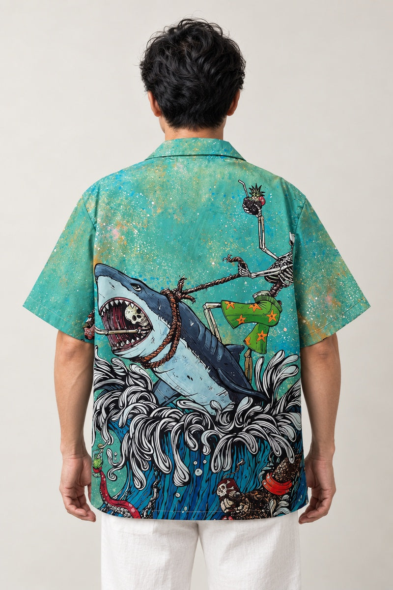 Shark and Skeleton Camp Shirt 'Gaikotsu' – back view of the shark and skeleton print camp shirt