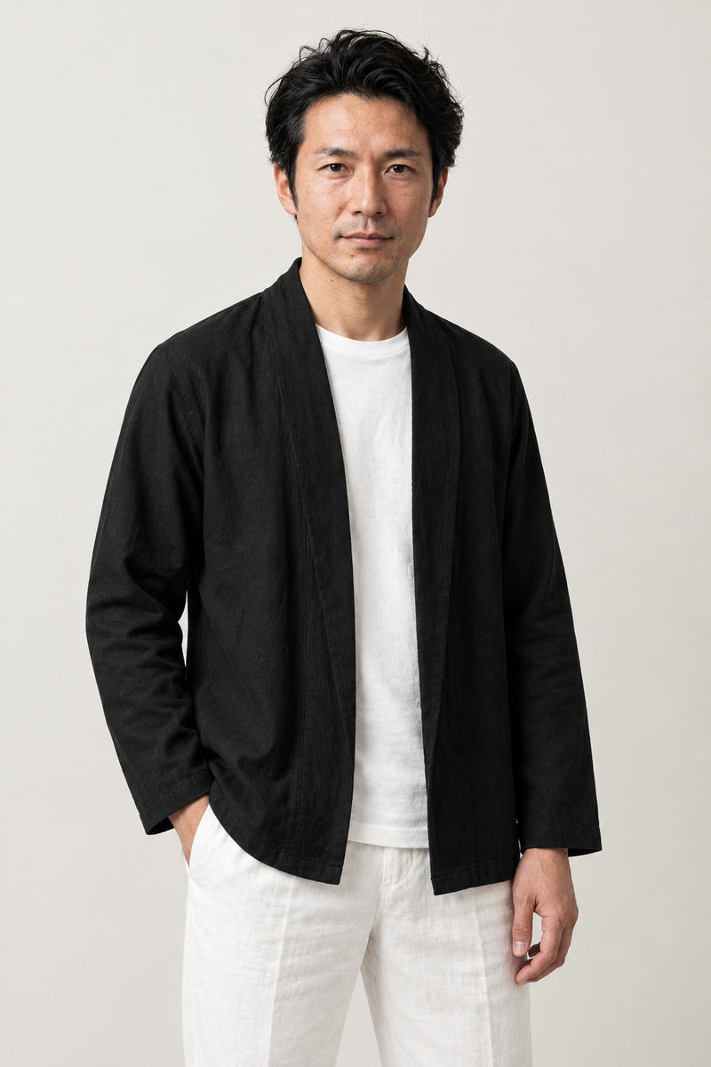 Shawl Collar Kimono Blazer 'Wakadanna' – black shawl collar kimono blazer, tailored Japanese kimono style jacket for men, front view on model