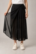 Sheer Black Hakama Skirt 'Kagerou' – sheer black layered hakama skirt with side tie, women's Japanese wrap maxi skirt, front view on model