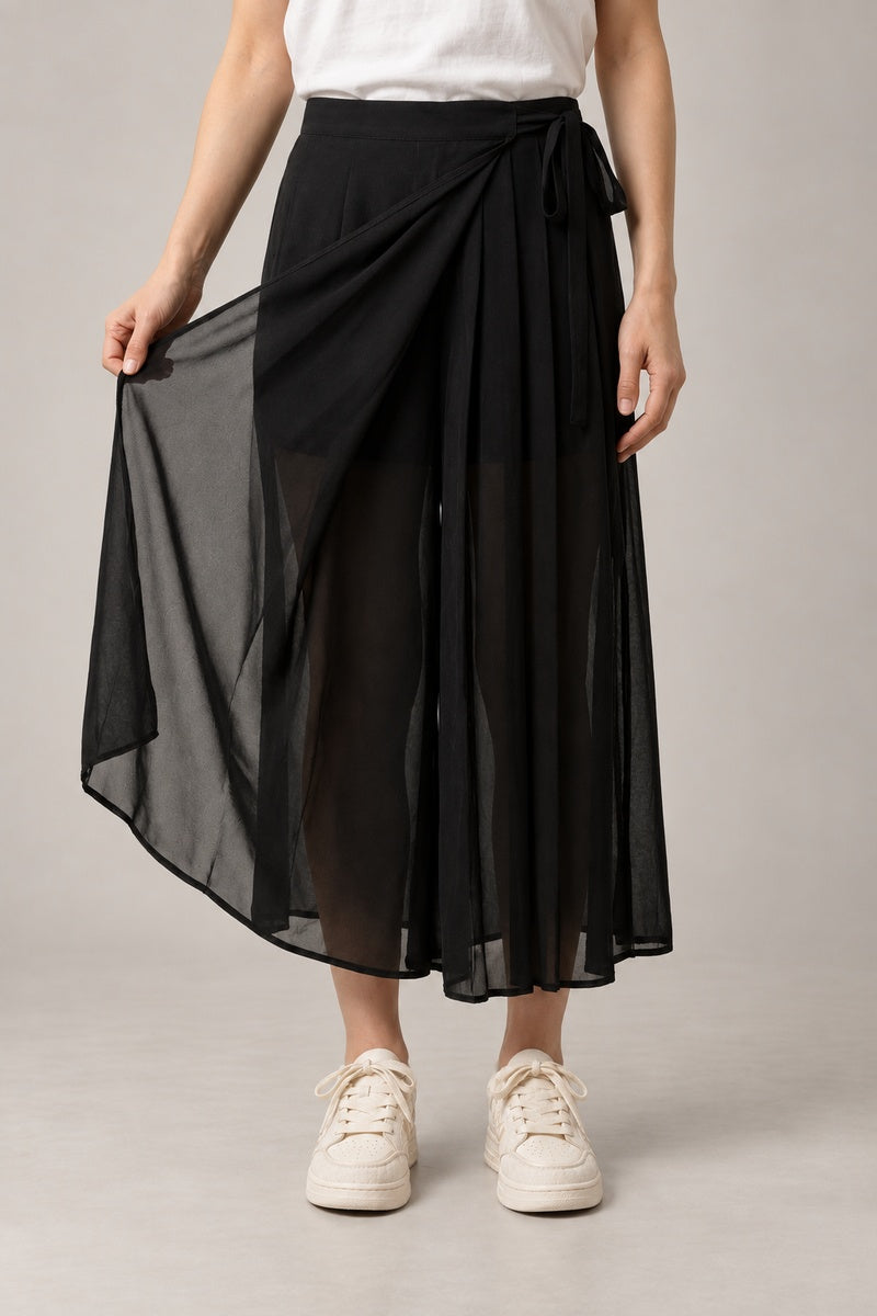 Sheer Black Hakama Skirt 'Kagerou' – sheer black layered hakama skirt with side tie, women's Japanese wrap maxi skirt, front view on model