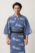 Shibori Print Kimono 'Hakeme' – blue and white shibori tie-dye print men's kimono with navy obi belt, Japanese yukata robe, front view on model