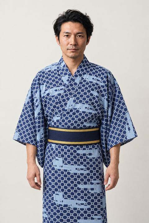Shibori Print Kimono 'Hakeme' – blue and white shibori tie-dye print men's kimono with navy obi belt, Japanese yukata robe, front view on model