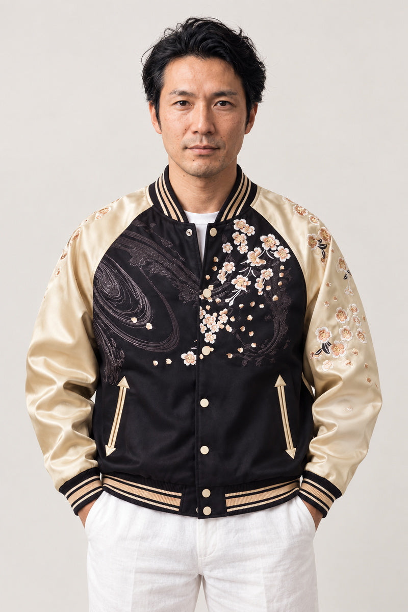 Shishi Lion Sukajan 'Karajishi' – black and cream sukajan with embroidered peony and cherry blossom, Japanese sukajan souvenir bomber jacket, front view on model