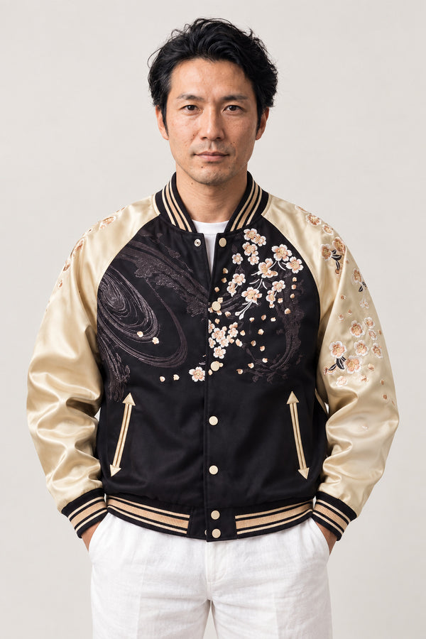 Shishi Lion Sukajan 'Karajishi' – black and cream sukajan with embroidered peony and cherry blossom, Japanese sukajan souvenir bomber jacket, front view on model