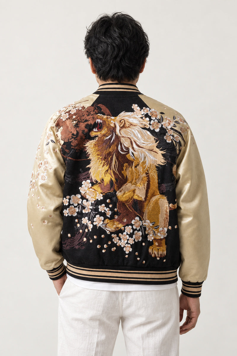 Shishi Lion Sukajan 'Karajishi' – back view of black and cream sukajan showing the embroidered shishi lion and peonies