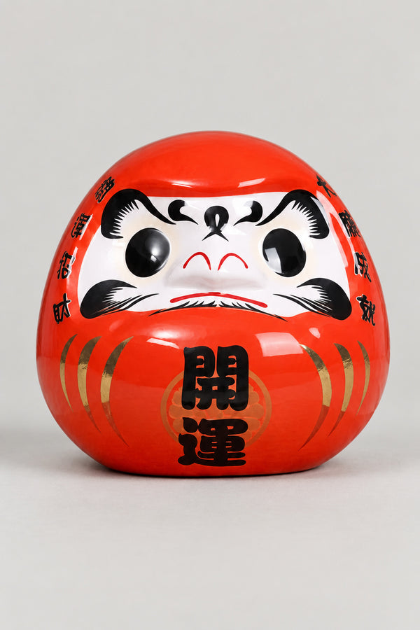 Shogun Red Daruma Figurine 'Taisho' – red glossy ceramic daruma doll with both eyes painted, gold streaks and the kanji for opening luck on the belly, Japanese good luck doll, studio view