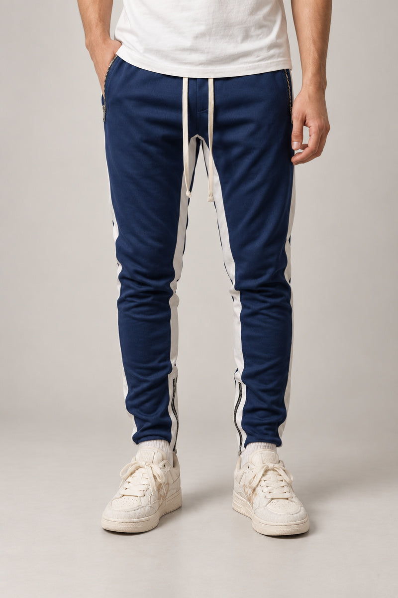 Side Stripe Track Pants 'Hashiri' – navy slim track pants with white side stripe and drawstring, Japanese streetwear trousers, front view on model