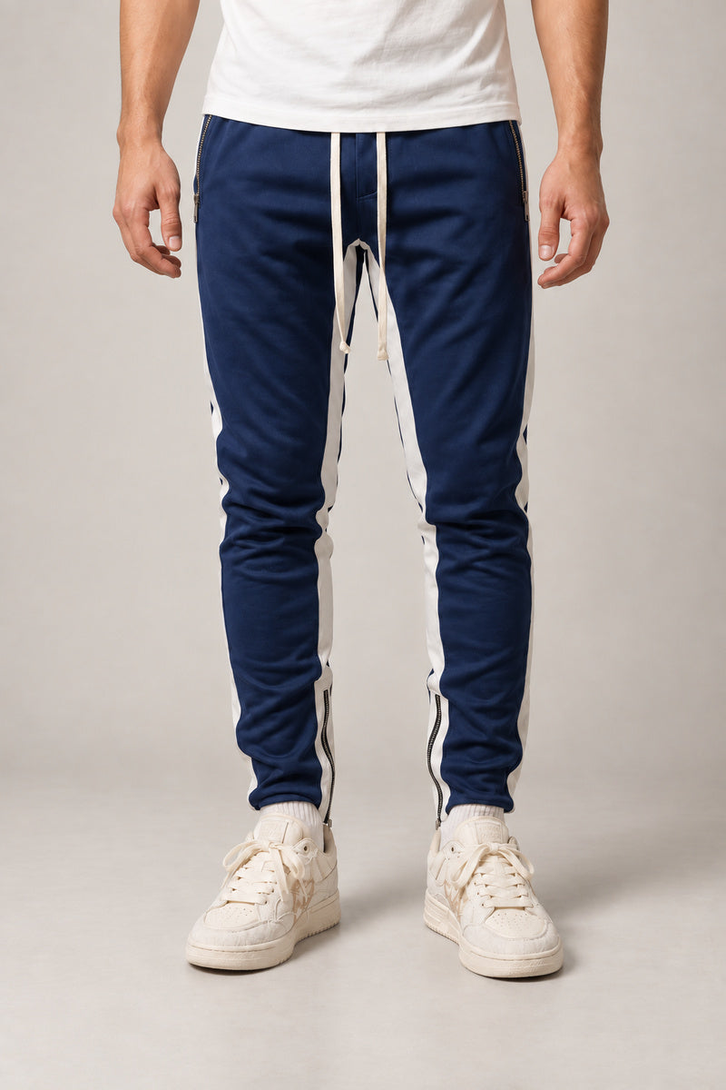 Side Stripe Track Pants 'Hashiri' – back view of the navy side stripe track pants