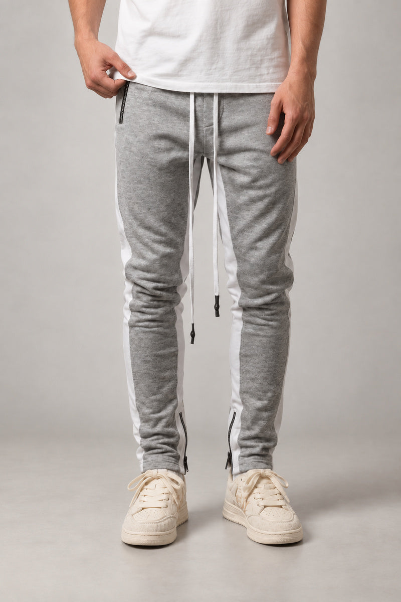 Side Stripe Track Pants 'Hashiri' – grey version of the side stripe track pants, front view on model