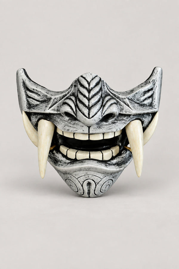 Silver Half Mask 'Ginmen' – aged silver painted latex samurai half mask with fanged grin, Japanese samurai menpo half mask, studio view