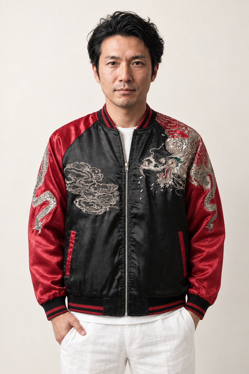 Silver Storm Dragon Sukajan 'Shippu' – black and red sukajan with silver embroidered storm dragon, Japanese sukajan souvenir bomber jacket, front view on model