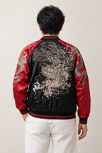 Silver Storm Dragon Sukajan 'Shippu' – back view of the black and red version, silver embroidered dragon in storm clouds on the back