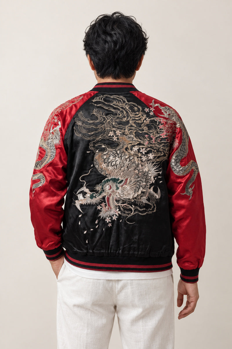 Silver Storm Dragon Sukajan 'Shippu' – back view of the black and red version, silver embroidered dragon in storm clouds on the back