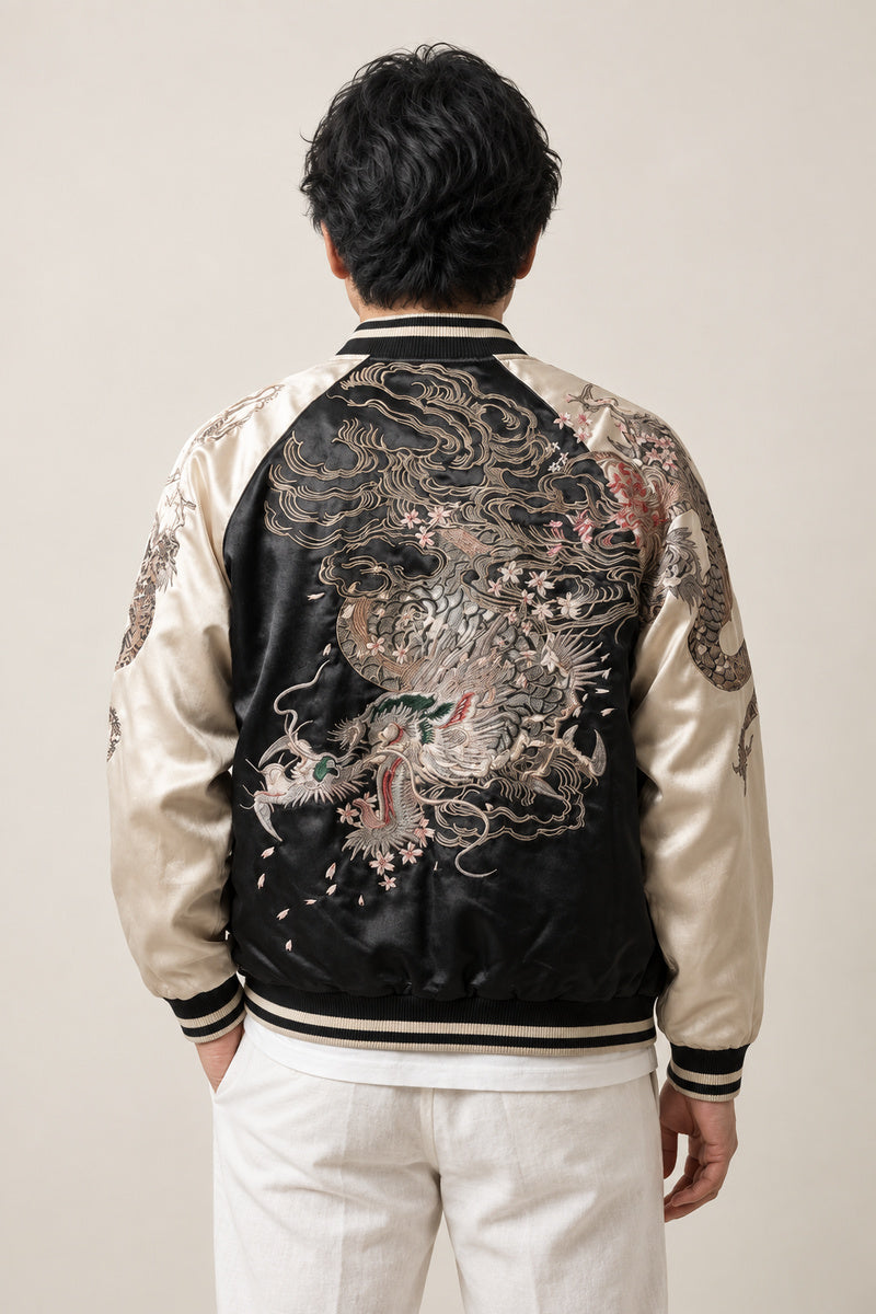 Silver Storm Dragon Sukajan 'Shippu' – back view of the black and cream version, silver embroidered storm dragon on the back