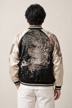 Silver Storm Dragon Sukajan 'Shippu' – back view of the black and cream version, silver embroidered storm dragon on the back
