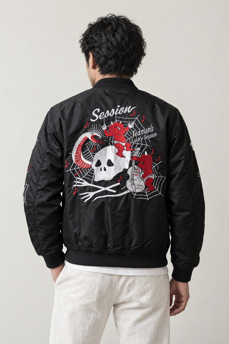 Skull and Serpent Bomber Jacket 'Dokuja' – back view of black bomber jacket showing the embroidered skull and snake