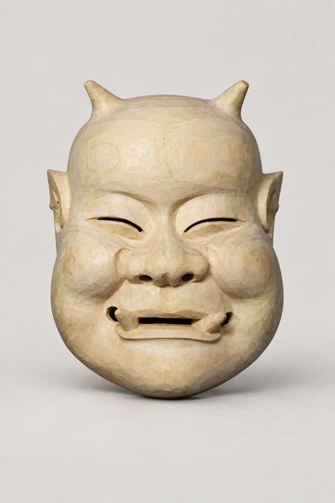 Smiling Wooden Mask 'Warai' – unpainted wooden smiling mask with narrow eyes, round cheeks and two small horns, hand carved wooden Japanese mask for the wall, studio view