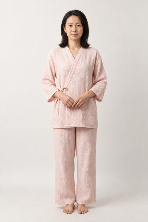 Soft Pink Wrap Top Pyjamas 'Awayuki' – soft pink women's pyjamas with wrap top and trousers, Japanese style gauze loungewear, front view on model